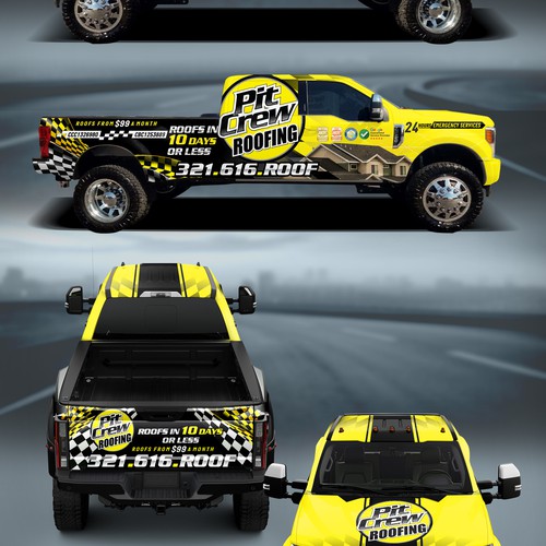Vehicle Wrap Modification for a race car themed roofing company Design by MasterWraps™