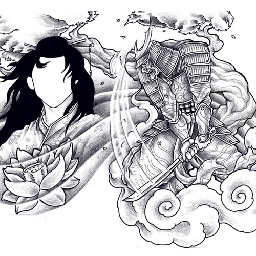 asiatisches S/W-Tattoo /  black&white tattoo asian style Design by INKSPITJUNKIE