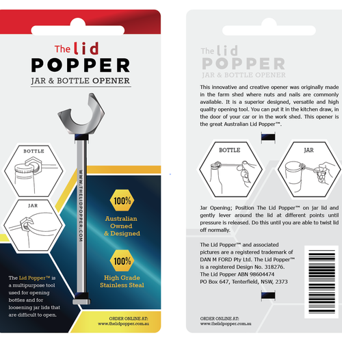 The Lid Popper  (jar and bottle opener) needs packaging Design by goatdesign88
