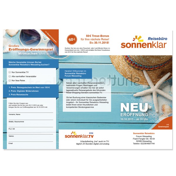 Travel Agent Flyer Reopening Sonnenklar Reiseburo Wesseling Flyer Neueroffnung Postcard Flyer Or Print Contest 99designs