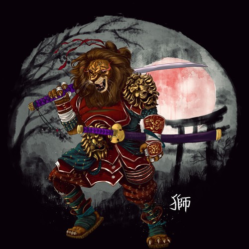 Manga style samurai lion illustration Design by Kumail Shareef