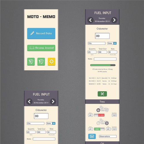 Design the first 3 screens of a new motorcycle note taking app! Design by Vladimir Corelj