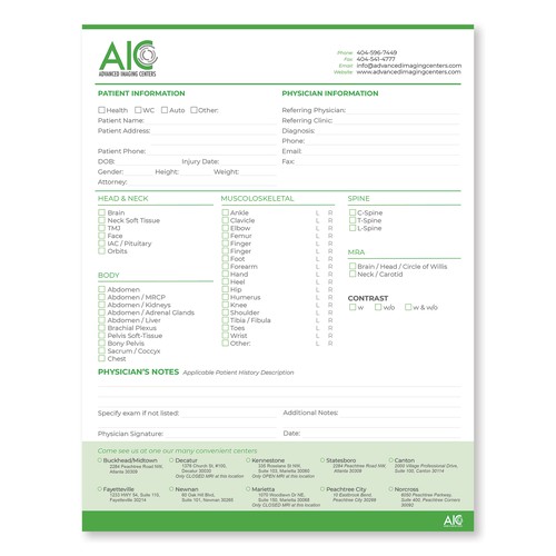 Advanced Imaging Centers Order Form and infographic Réalisé par LEX360