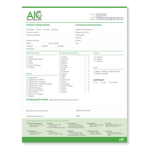 Advanced Imaging Centers Order Form and infographic Design by LEX360