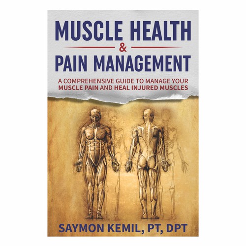 Book cover with a drawing images of the human anatomy combining muscles and bone structure. Design by kmohan