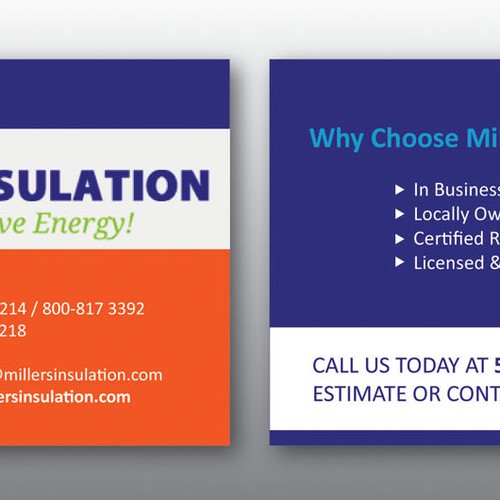 Design di Business card design for Miller's Insulation di Clarista S.