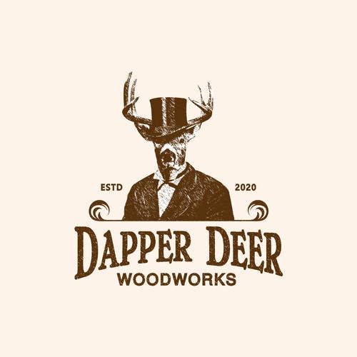 Vintage Dapper Deer logo for high-end woodworking. Design by sarvsar