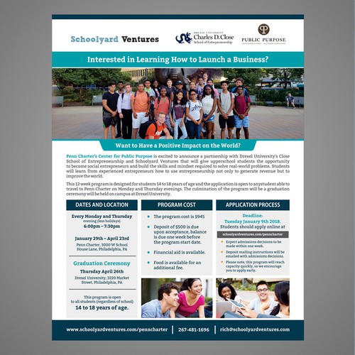 One page flyer for program that supports teen entrepreneurs Design by Dzhafir