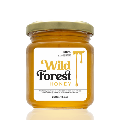 The Bees Need You! Wild Forest Honey Label Design. Design by Leila Amorim