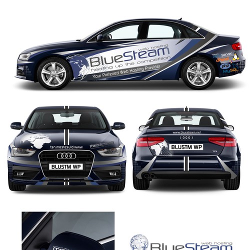 Sporty,Racy,Sexy car wrap needed for BlueSteam. Winner will have "designed by"!! Design by MaximaDesign