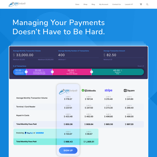 Design a landing page for a credit card processing comparison calculator. Design by Nash Radak