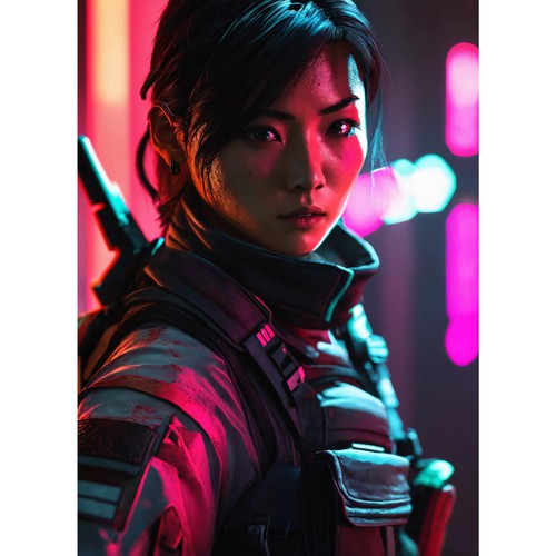 Illustration of a mysterious fearless powerful female video game character Design by Aleaca