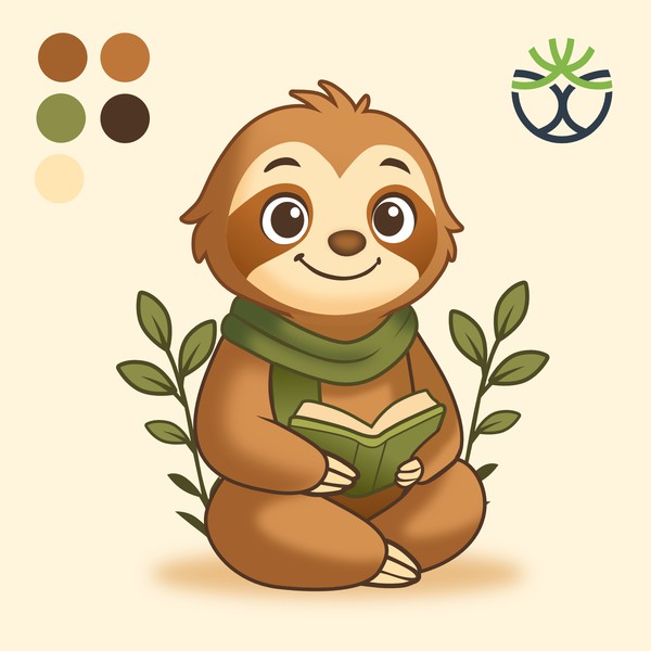 Calm, friendly sloth mascot for life story journaling app
