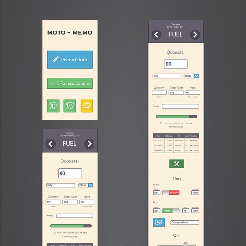 Design the first 3 screens of a new motorcycle note taking app! Design by Vladimir Corelj