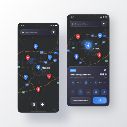 Tesla App to localise charging point on a map Design by Uladzis