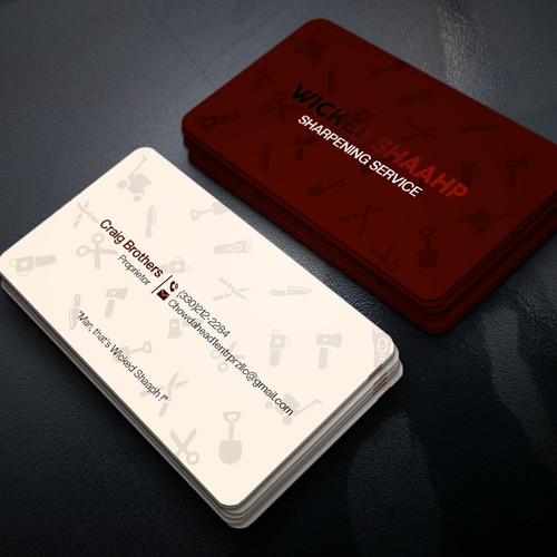 Business card design that highlights my sharpening service and my Boston accent inspired slogan Design by Xclusive16