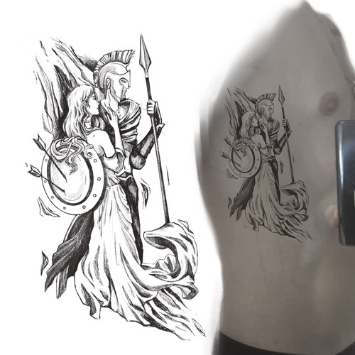 Create a powerful ribs/side tattoo of a warrior being embraced by his lover. Design von Vikushan