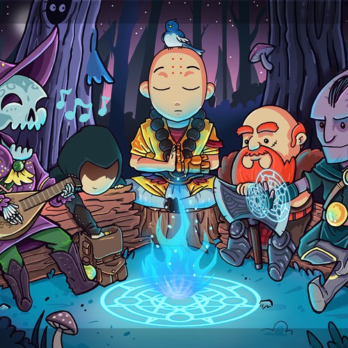 Cartoony illustration of Dungeons and Dragons group Design by Warlourd arts