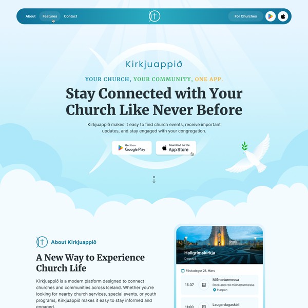 Design by Radnus ✅ titled "Landing Page Design for “Kirkjuappið” – Connecting Churches and Congregations"