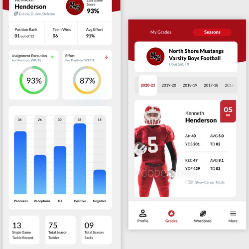 "Tech savvy APP for American football high school players to see game grades after games!" Design by StudioQ