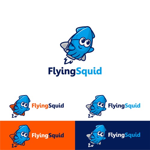 Logo of a squid wearing a jetpack for product named FlyingSquid Design by jasterxinan