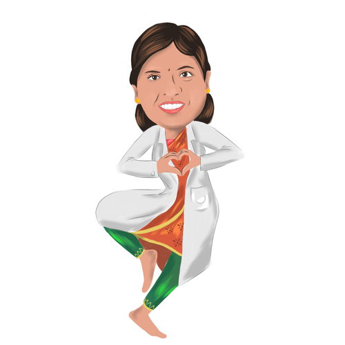 Design an attractive caricature of  "doctor mom, Dr Hema " for a healthy organic indian baby food br Design by mons.gld