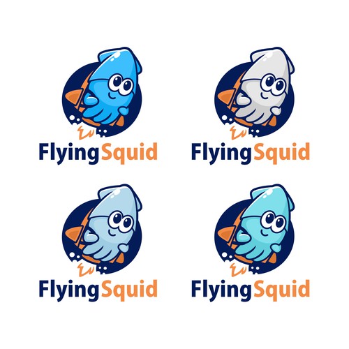 Logo of a squid wearing a jetpack for product named FlyingSquid Design by jasterxinan