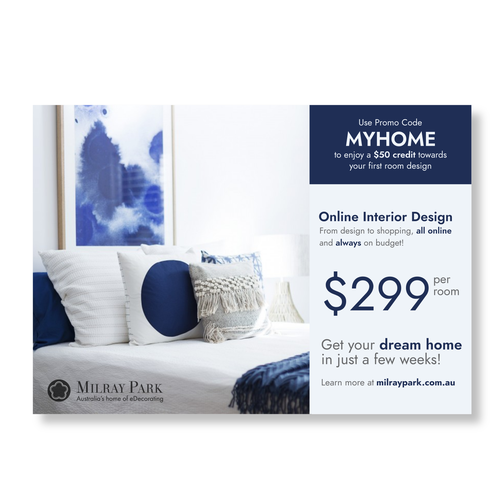 Design a mailbox flyer for an online interior design company Postcard