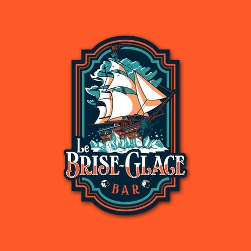 Board game bar logo with tavern design, inspired by vintage ice breaker boat atmosphere - official name is "Le Brise-gla Design por Ameline Studio