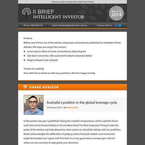 Create a weekly email newsletter template for Intelligent Investor Design by MaximaDesign