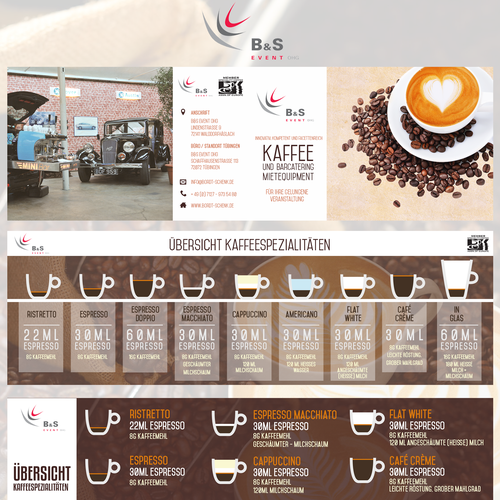 Werbeflyer udn Übersicht Kaffeespezisalitäten Diseño de Denise07