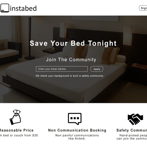 Landing page for simple, on-demand bed booking app Design by 1987