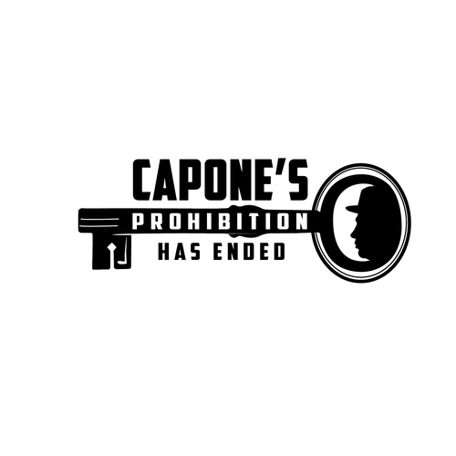 Design a prohibition style logo with a old key and al Capone face ( side view ) black and white Design by Ida11