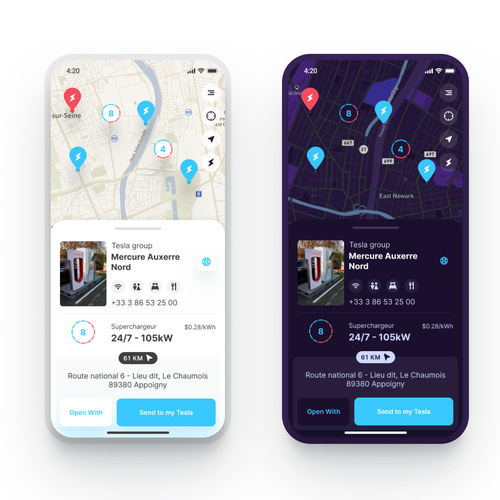 Tesla App to localise charging point on a map Design by Yokha Shilin