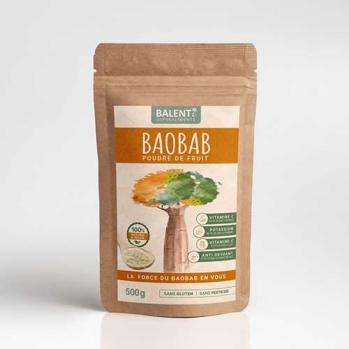 Looking for a calm and powerful packaging for our baobab powder. Design by GIV Designs ★❤◆