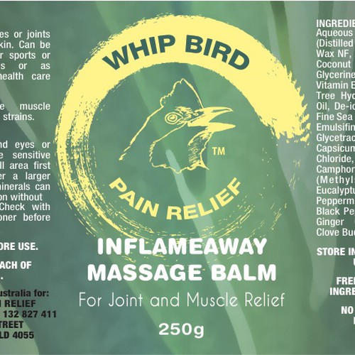 Create the next product label for Whipbird Pain Relief Pty Ltd Diseño de epokope