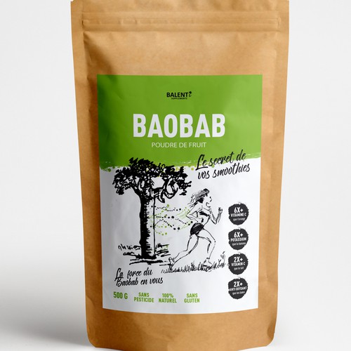 Looking for a calm and powerful packaging for our baobab powder. Design by Ideera