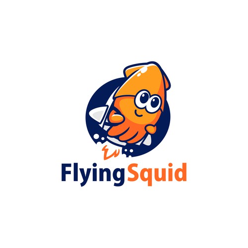 Logo of a squid wearing a jetpack for product named FlyingSquid Design by jasterxinan