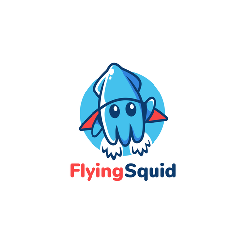 Logo of a squid wearing a jetpack for product named FlyingSquid Design by Halin