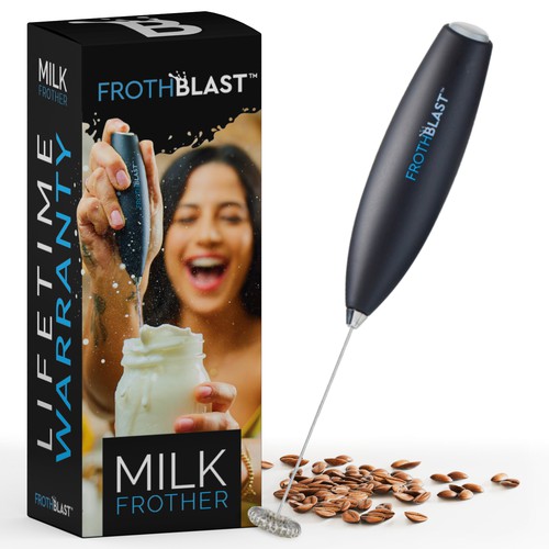 "Design a BOX design for MILK FROTHER  product" Diseño de interaksi