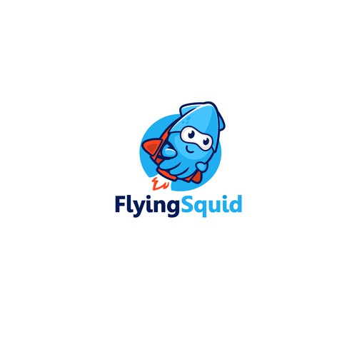 Logo of a squid wearing a jetpack for product named FlyingSquid Design by jasterxinan