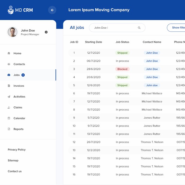 Moving Company dashboard