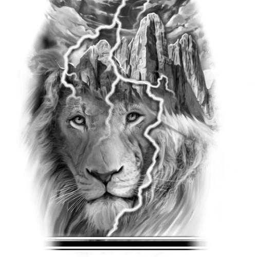 Mountain, lion and a lightning tattoo (right-side shoulder to arm) Design by Tattoodream