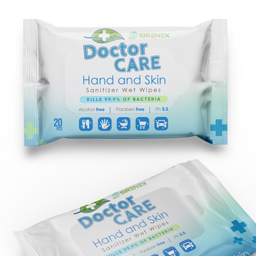 Design di We need an eye-catching packaging for our disinfectant, hand sanitizer wet wipes di GREYYCLOUD