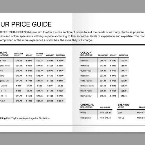 Bi Fold Price List for Hairdressing salon