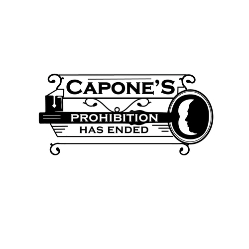 Design a prohibition style logo with a old key and al Capone face ( side view ) black and white Design by Ida11