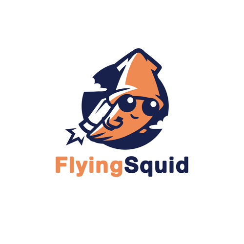 Logo of a squid wearing a jetpack for product named FlyingSquid Design by Rock N Draw