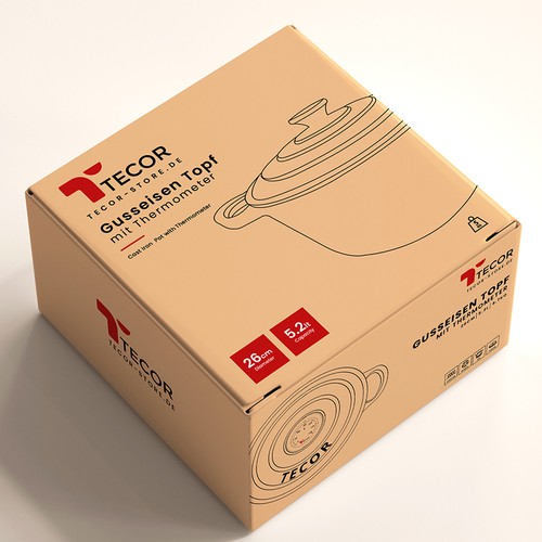 Packaging design for a cast iron pot with Thermometer from TECOR.  Logo available!! Design by United Monks