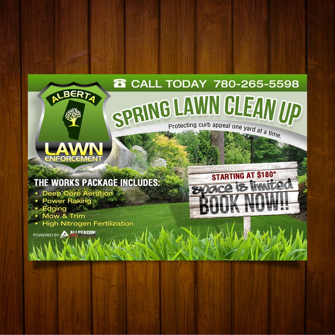 Design a captivating Spring Lawn Clean up postcard flyer. Postcard