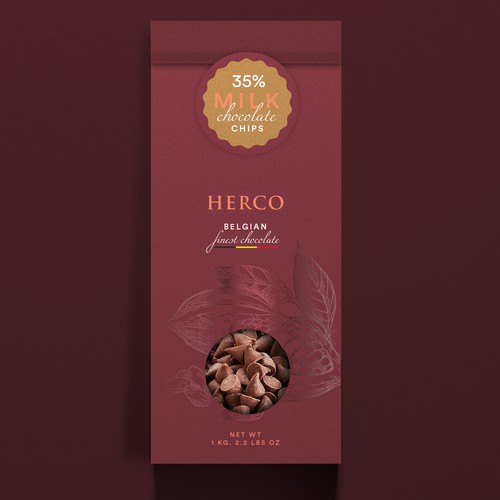 Bag and sticker design for finest Belgian chocolate chips (for baking/snacking) Design by Lau Verano